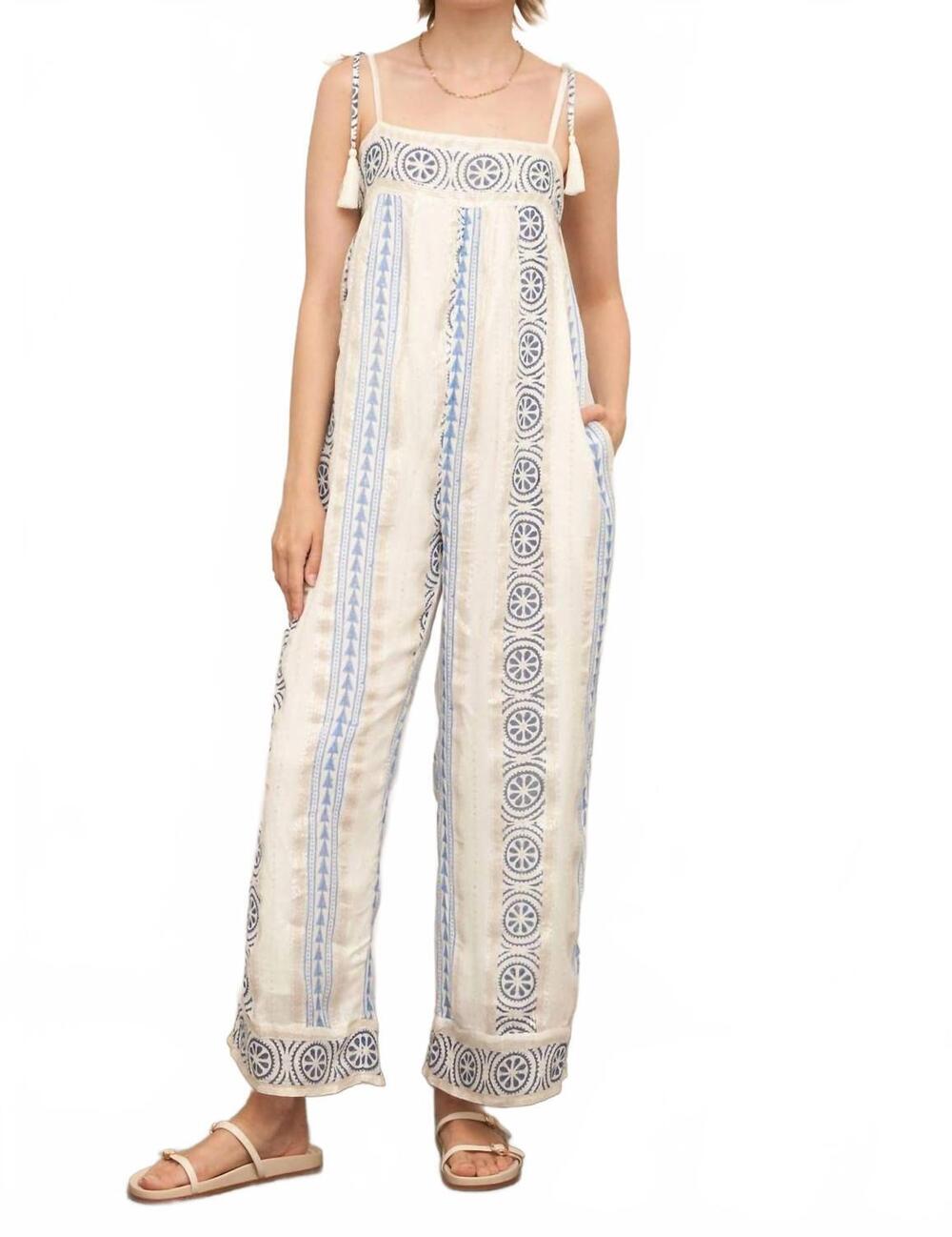 NEW EN CREME embroidered jumpsuit with tassel shoulder ties and lurex det in whi